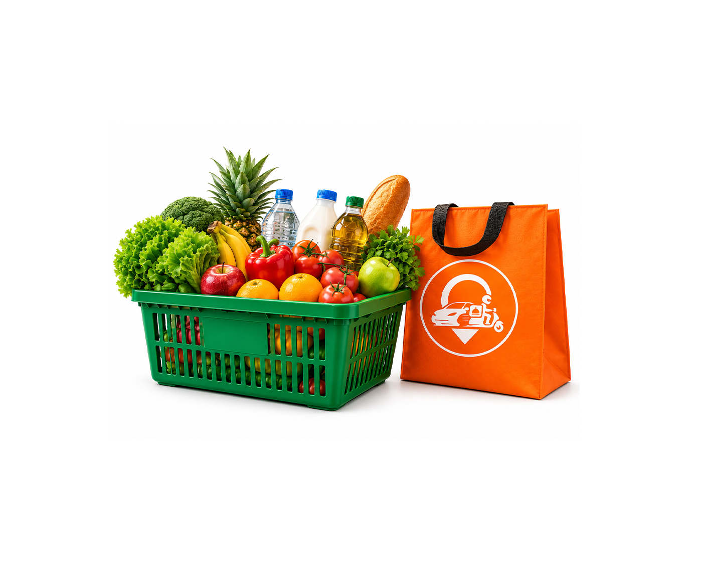 Panier de fruits, légumes et boissons avec un sac Vamidjo